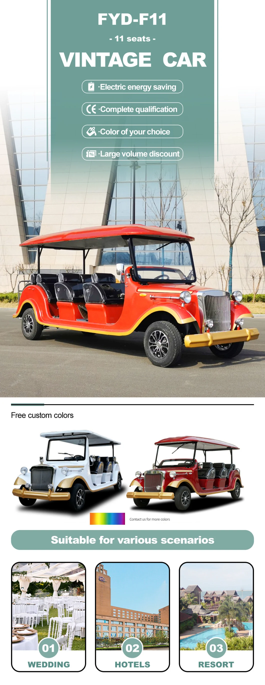 Free Custom Color 11 Passengers Sightseeing Cart Electrical Antique Tour Mini Bus 4 Row Electric Vintage Classic Car Price for Sale